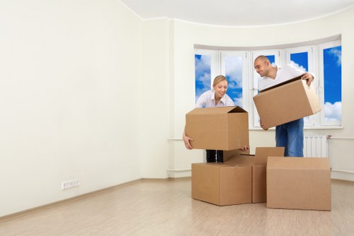 Moving van and packed belongings for removal services in Merton