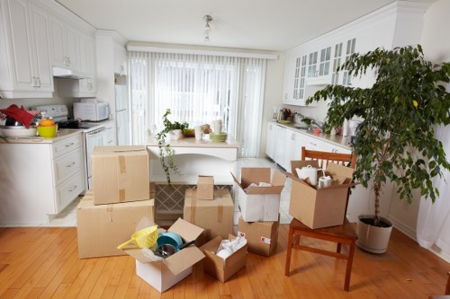 Packed student boxes prepared for removals in Merton